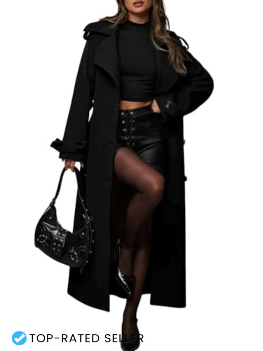 Women's Long Wool Blend Trench Coat Double Breasted Belted Maxi Winter Pea Coat